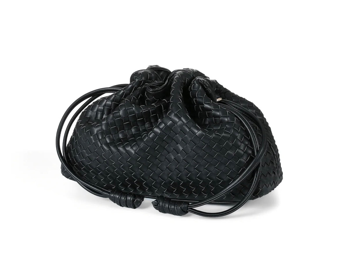 woven vegan leather drawstring convertible crossbody - black