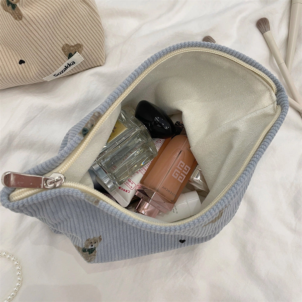 Trousse à cosmétiques ourson en velours côtelé – Bleue