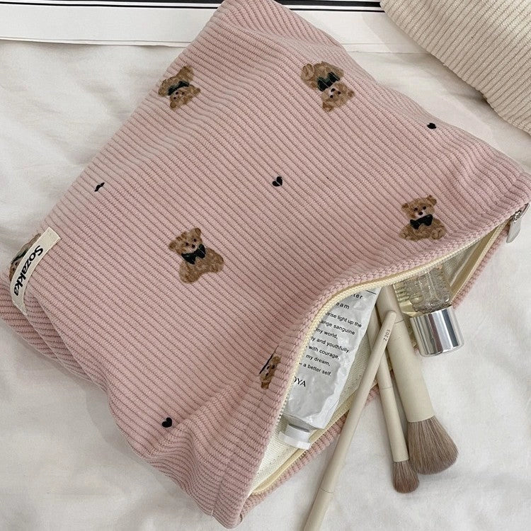 Trousse à cosmétiques ourson en velours côtelé – Rose