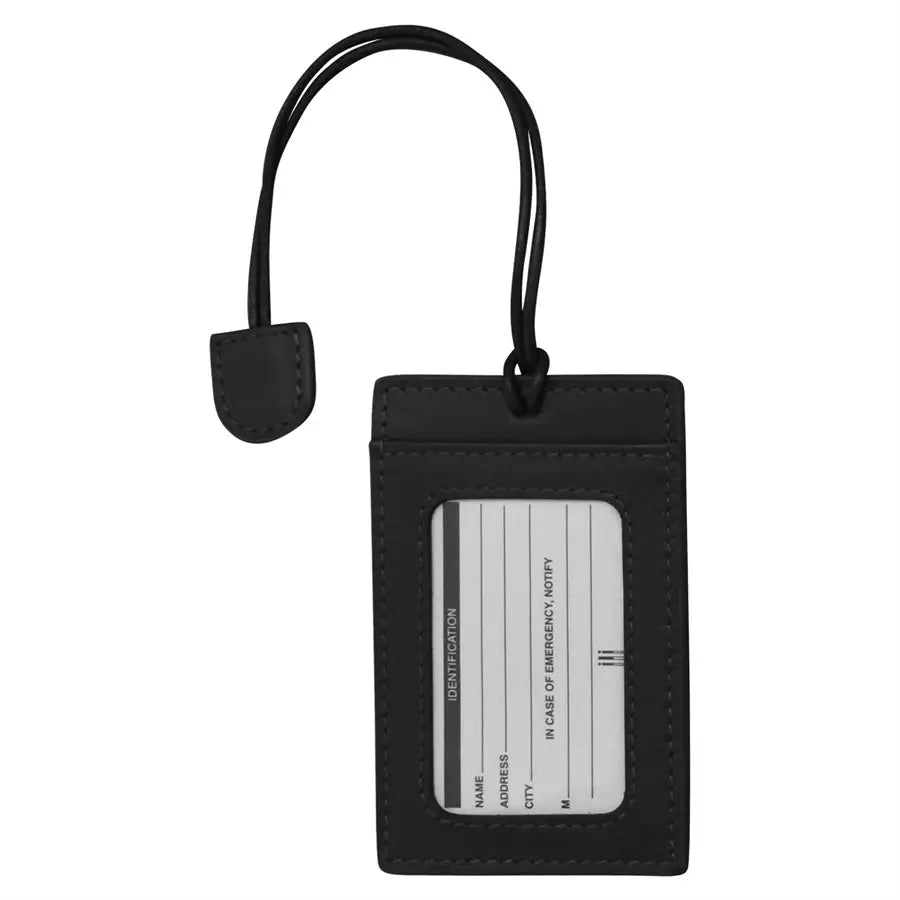 Slim black leather luggage tag