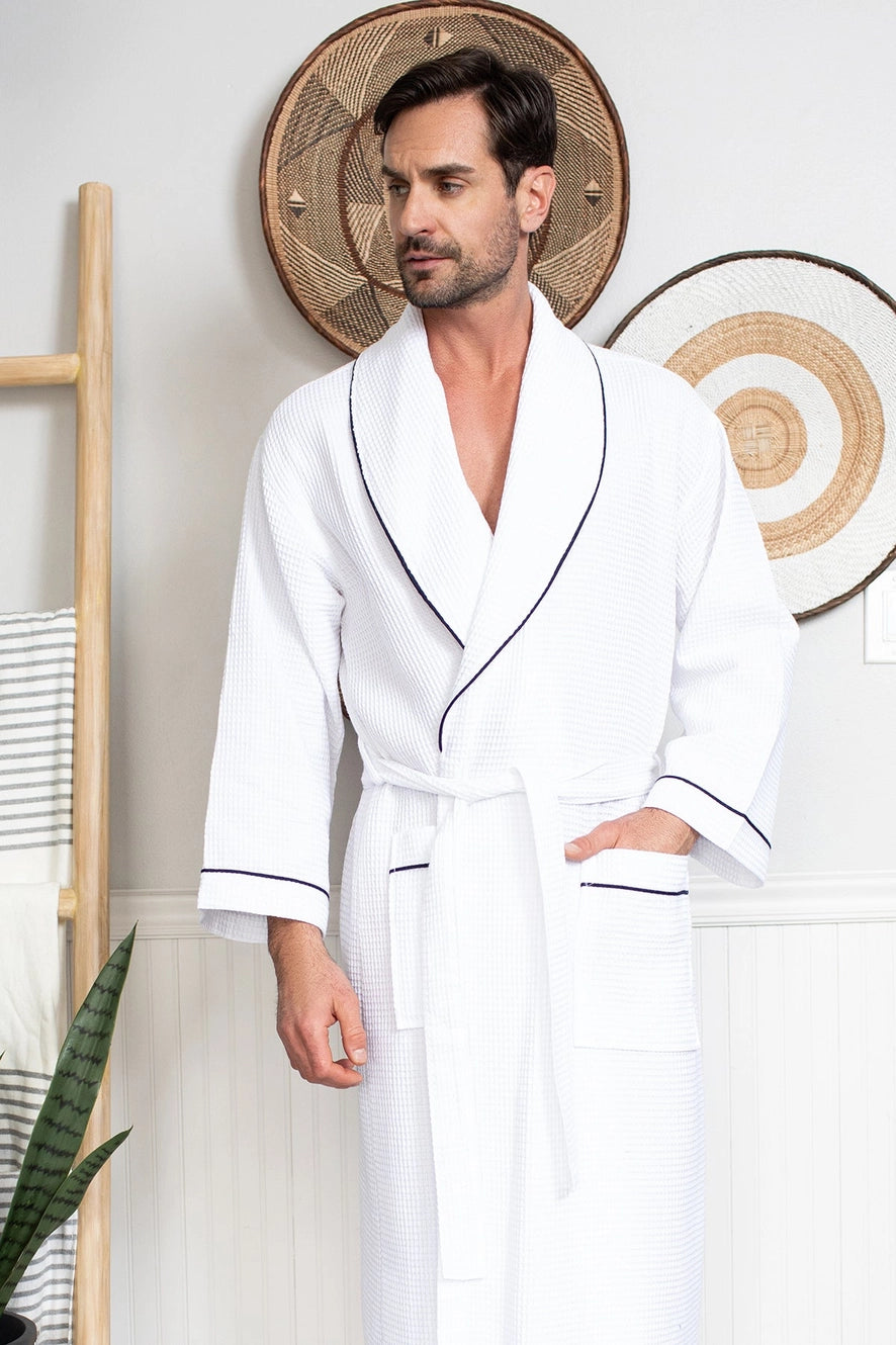 Personalized Men’s waffle piping robe and slipper set - white