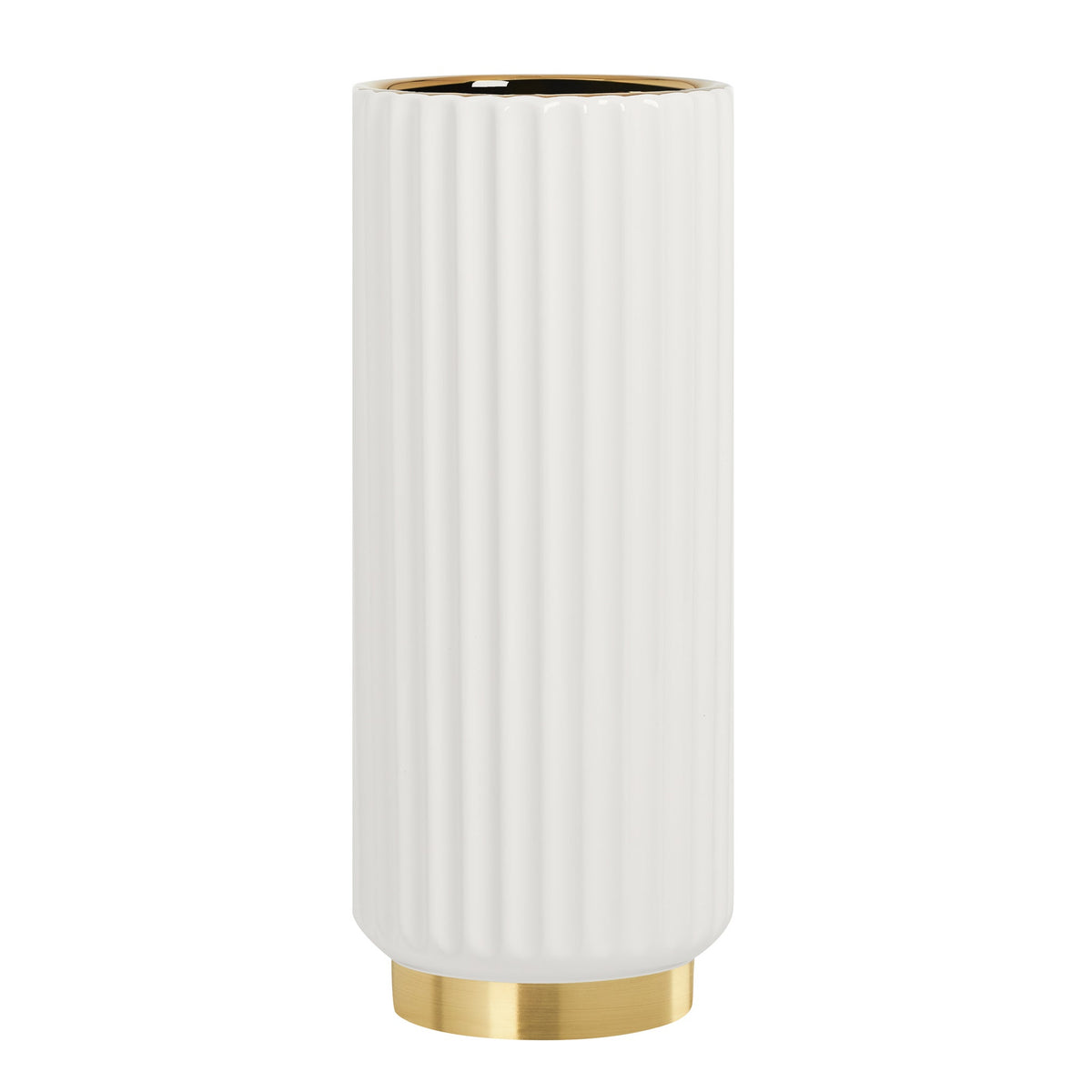 Ribbed Gold Trim Cylinder 12.5h" Ceramic Vase