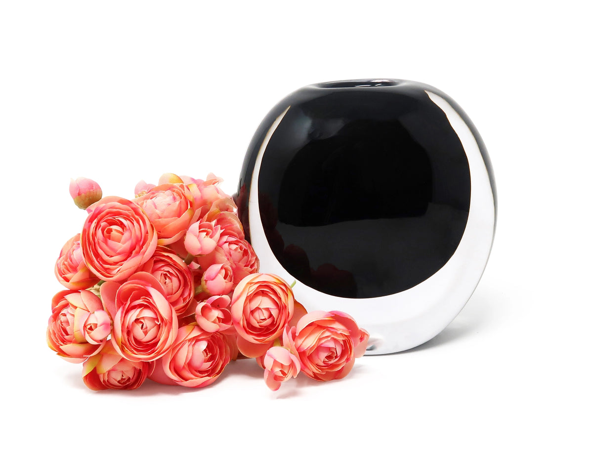 Double Wall Black Inlay Glass Vase with Pink Flowers - 5.25"h