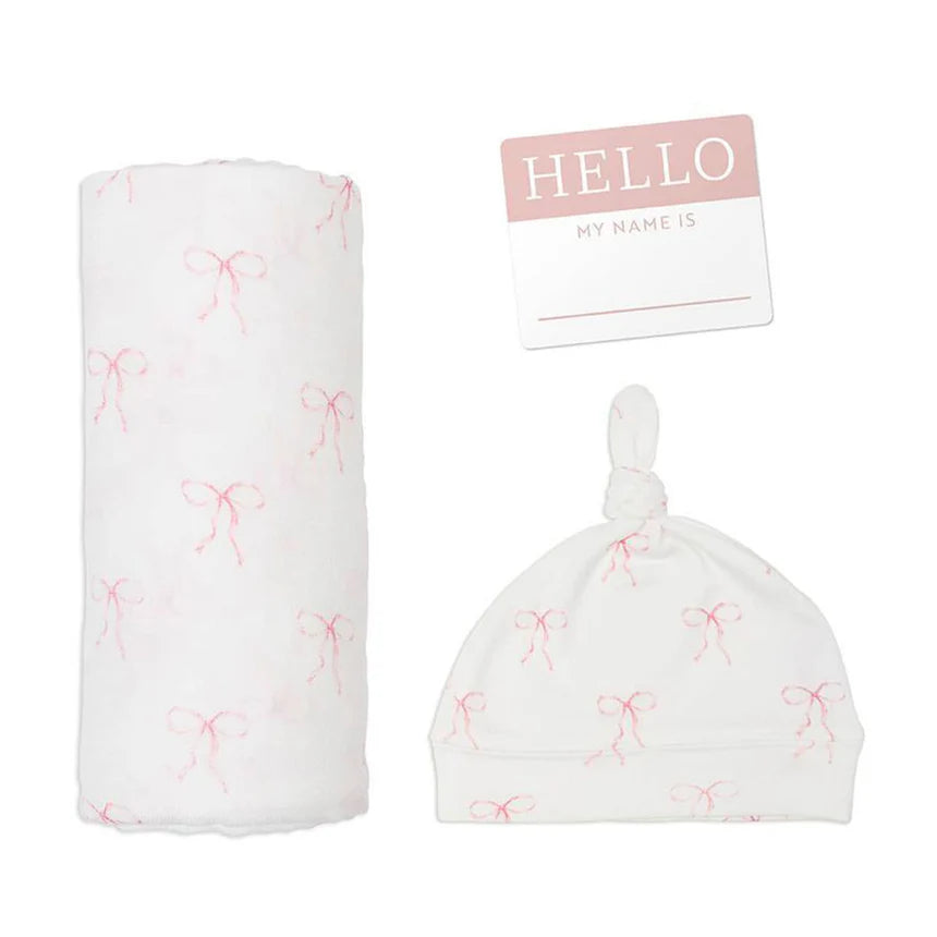 Hello World swaddle & Knotted Hat – Bows