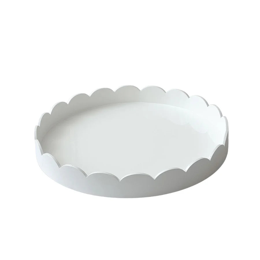White Scalloped Edge Round Lacquered Wood Tray