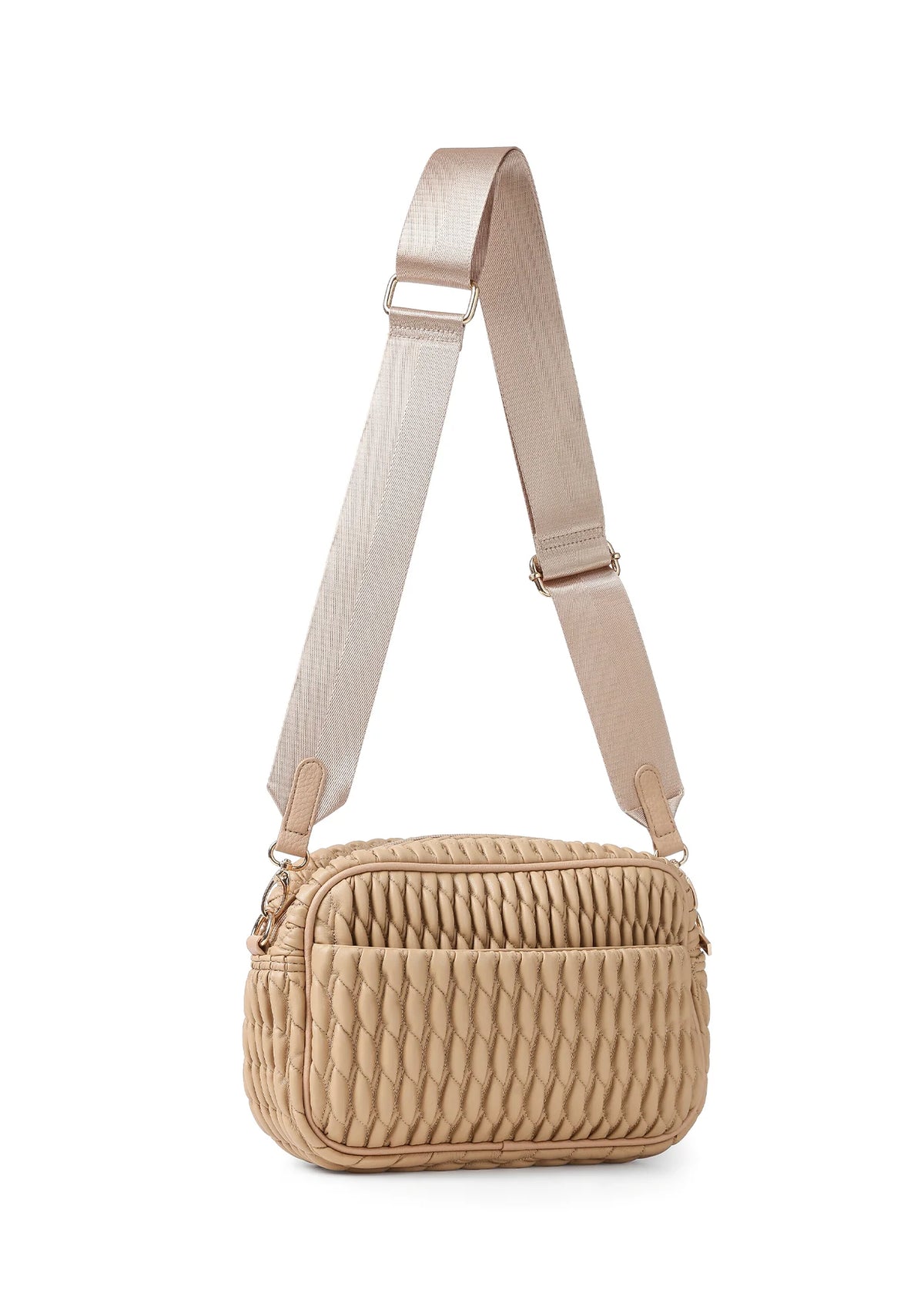 vegan puckered leather camera bag- biscuit