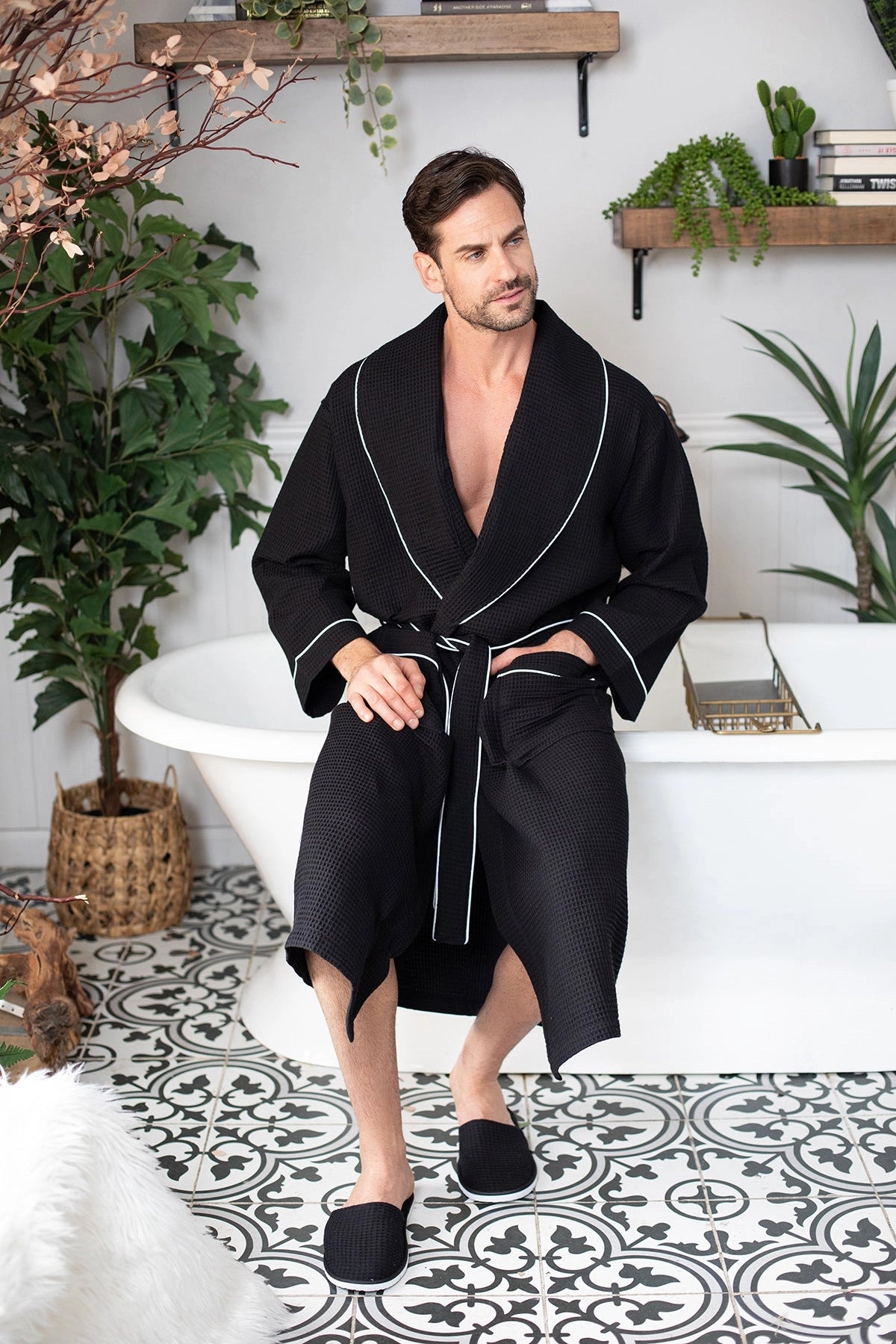 Personalized Men’s waffle piping robe and slipper set - black