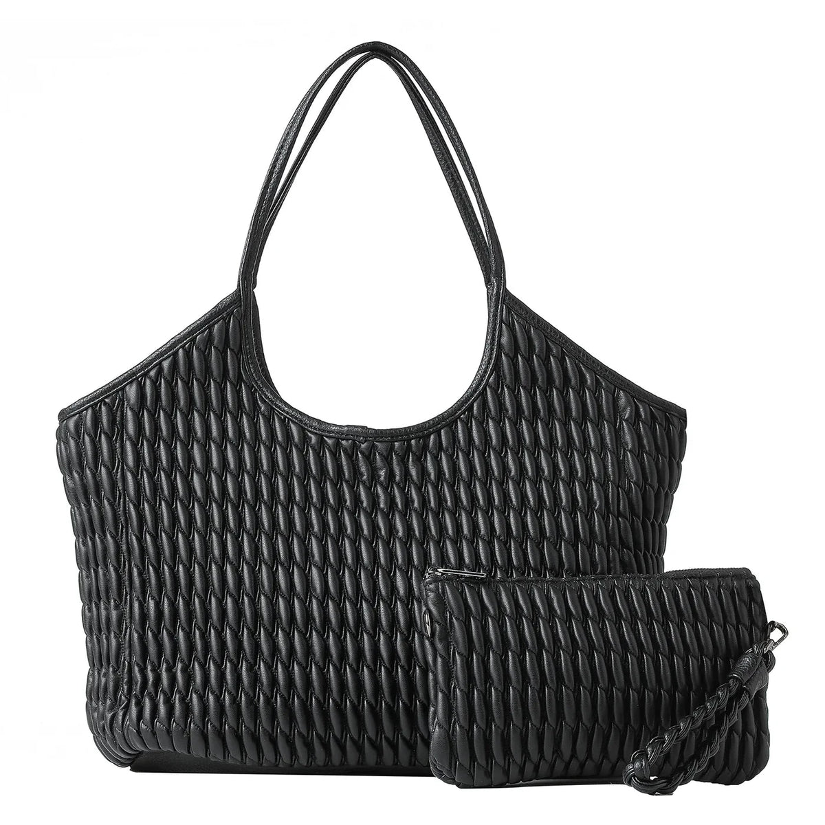 vegan puckered leather tote- black