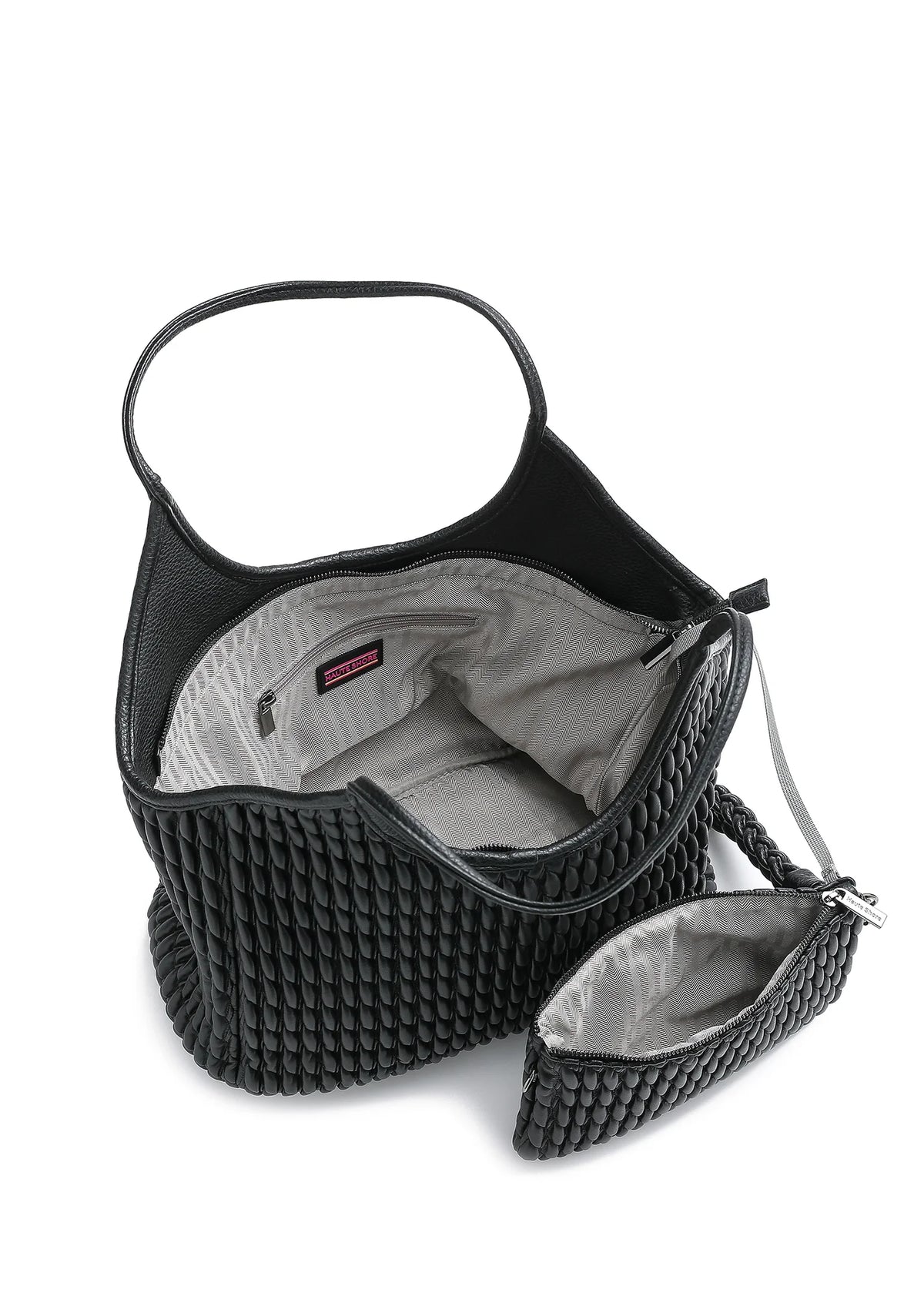 vegan puckered leather tote- black