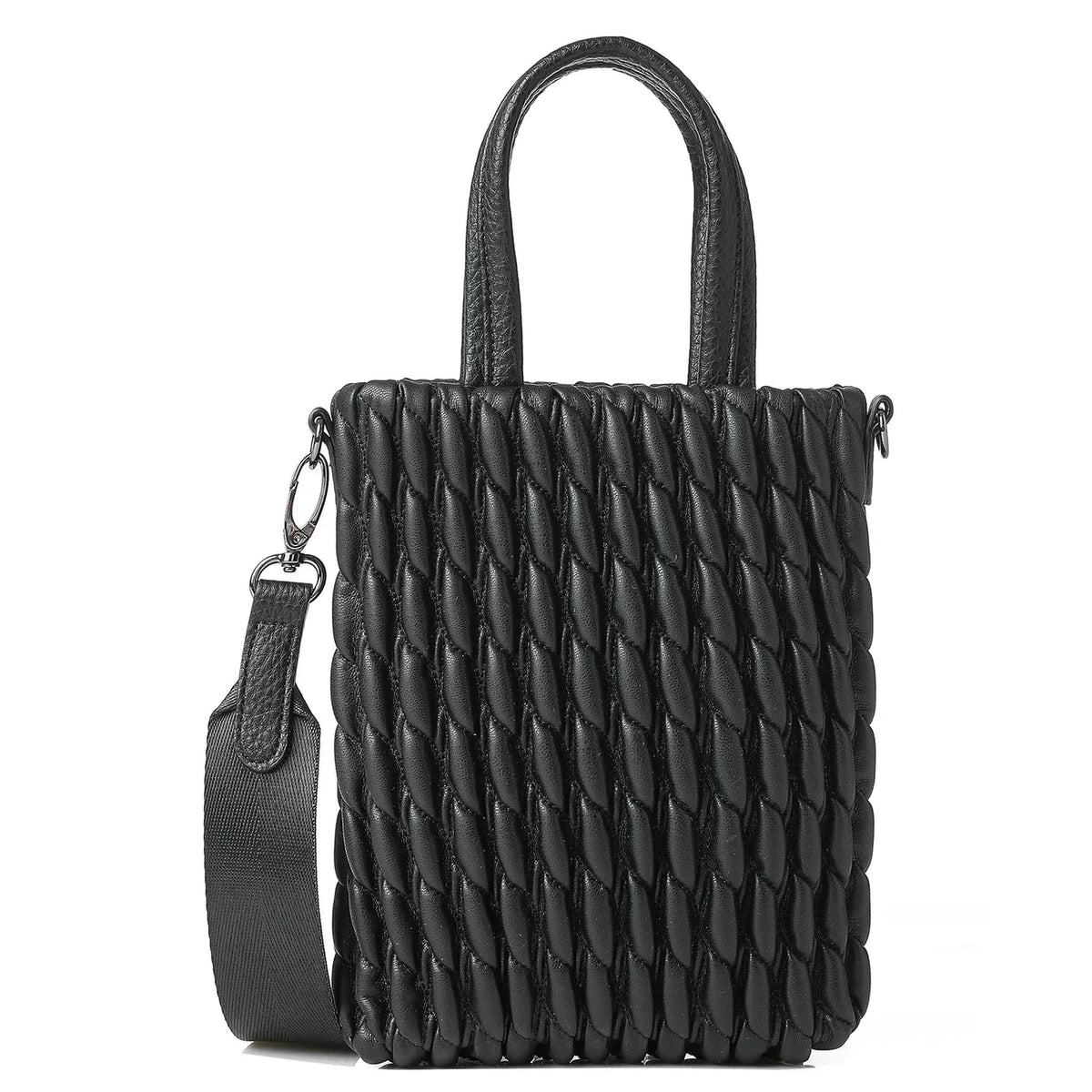vegan puckered leather phone tote- black