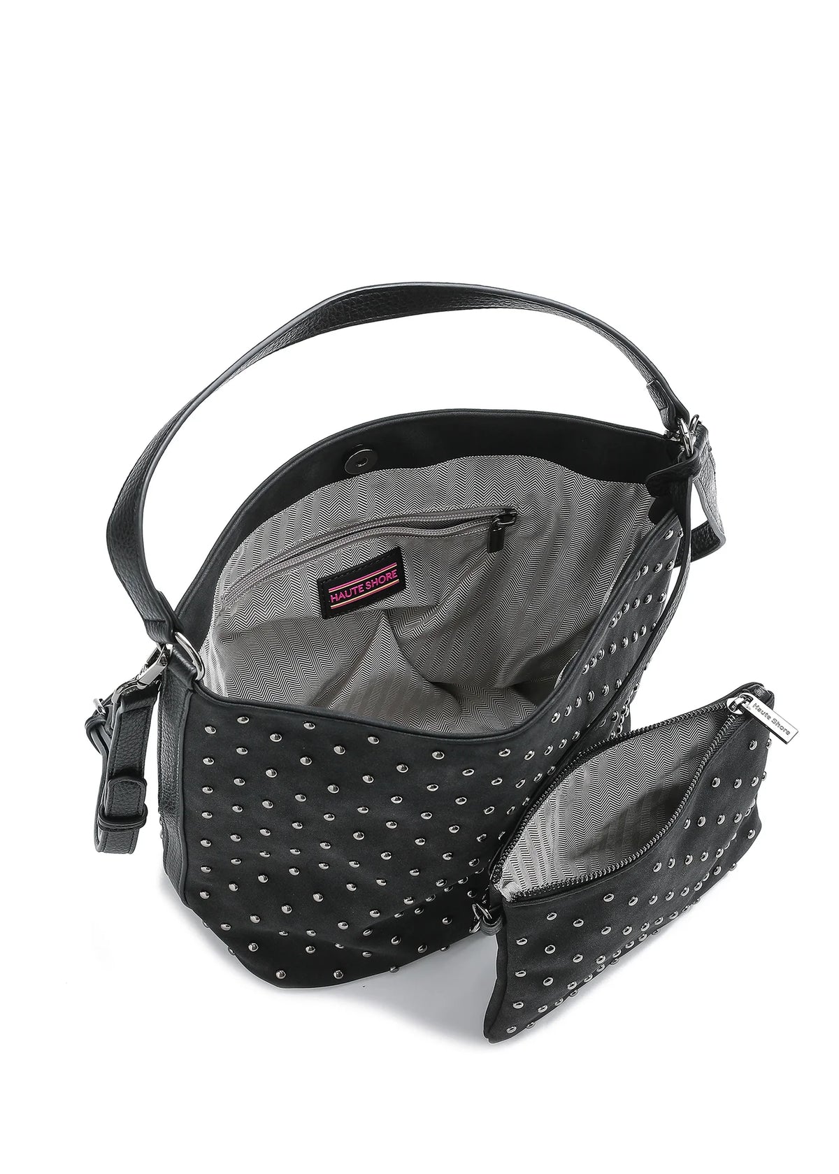 vegan suede studded shoulder bag