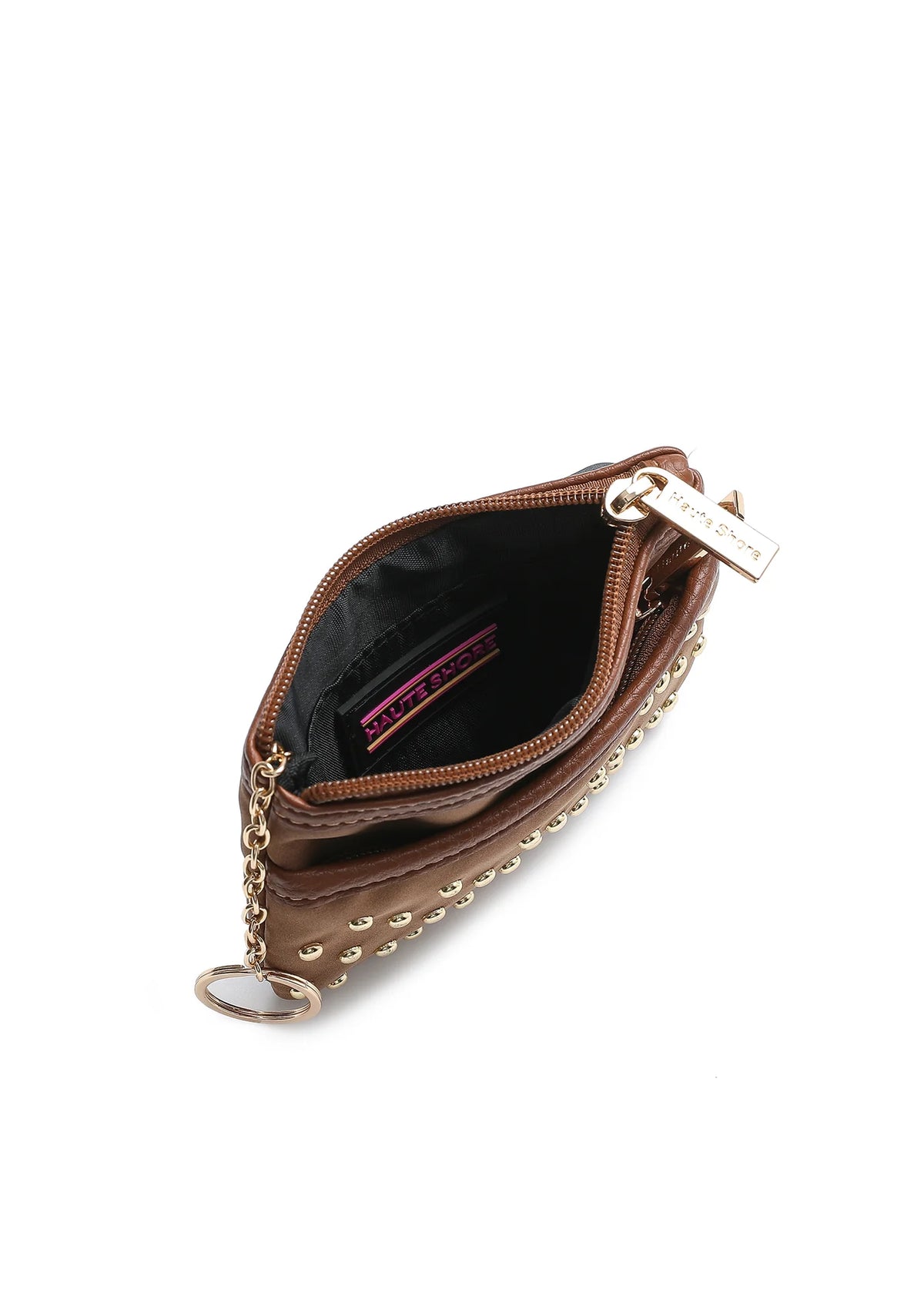 vegan suede studded card case - camel/gold