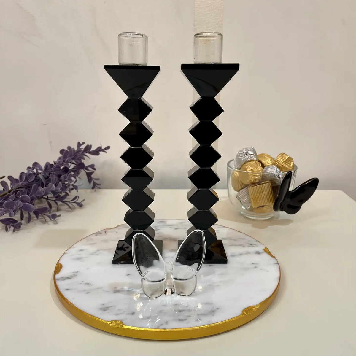 Bougeoirs en cristal zigzag de 8,25 po – Lot de 2, noir