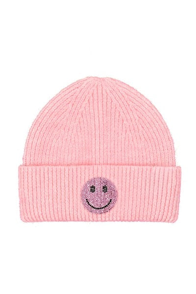 Kids Smiley Face Rhinestone Beanie Pink