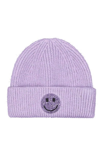 Kids Smiley Face Rhinestone Beanie Lavender