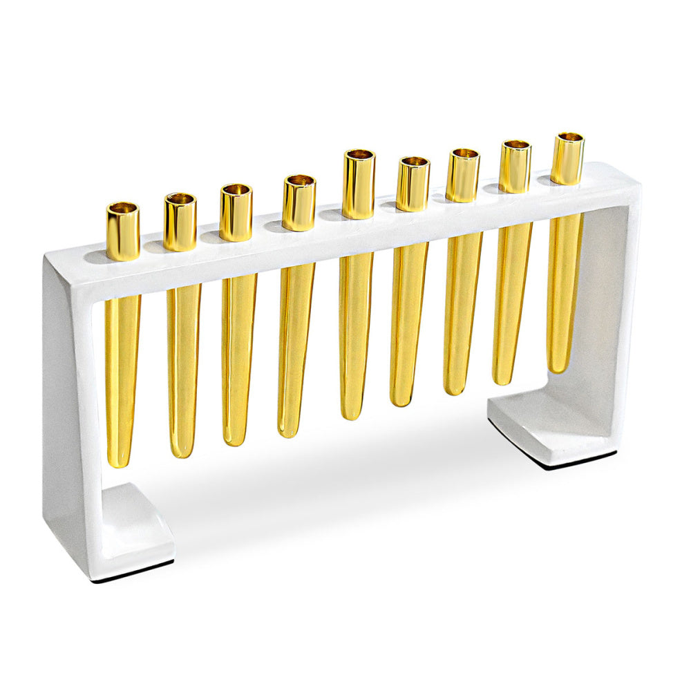 Flûtes Menorah en laiton brillant émaillé blanc