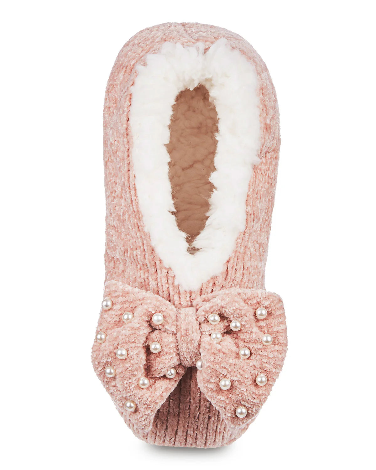 Pink Chenille Bow Sherpa Lined Slippers with pearls