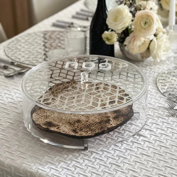 lucite lasercut round matzah box - silver