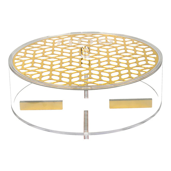 lucite lasercut round matzah box - gold