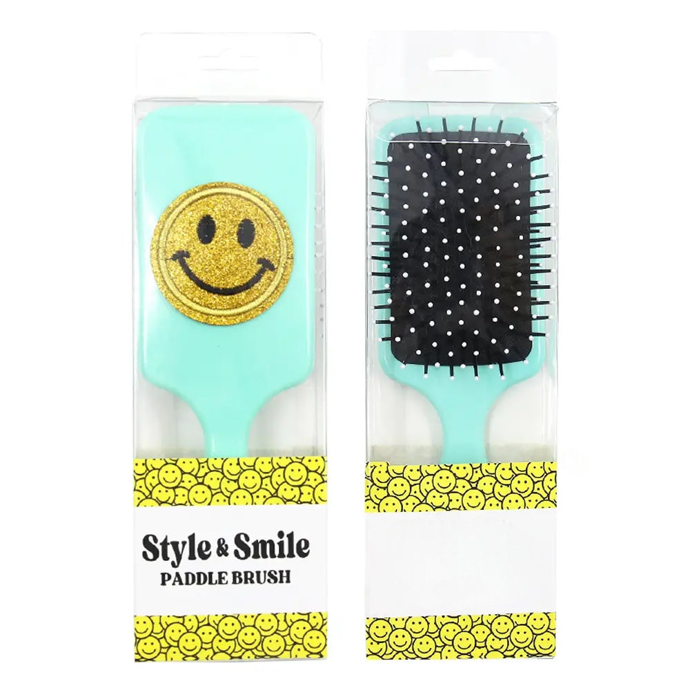 Personalized Glitter Smiley Face Large Bright Paddle Hair Brush Blue
