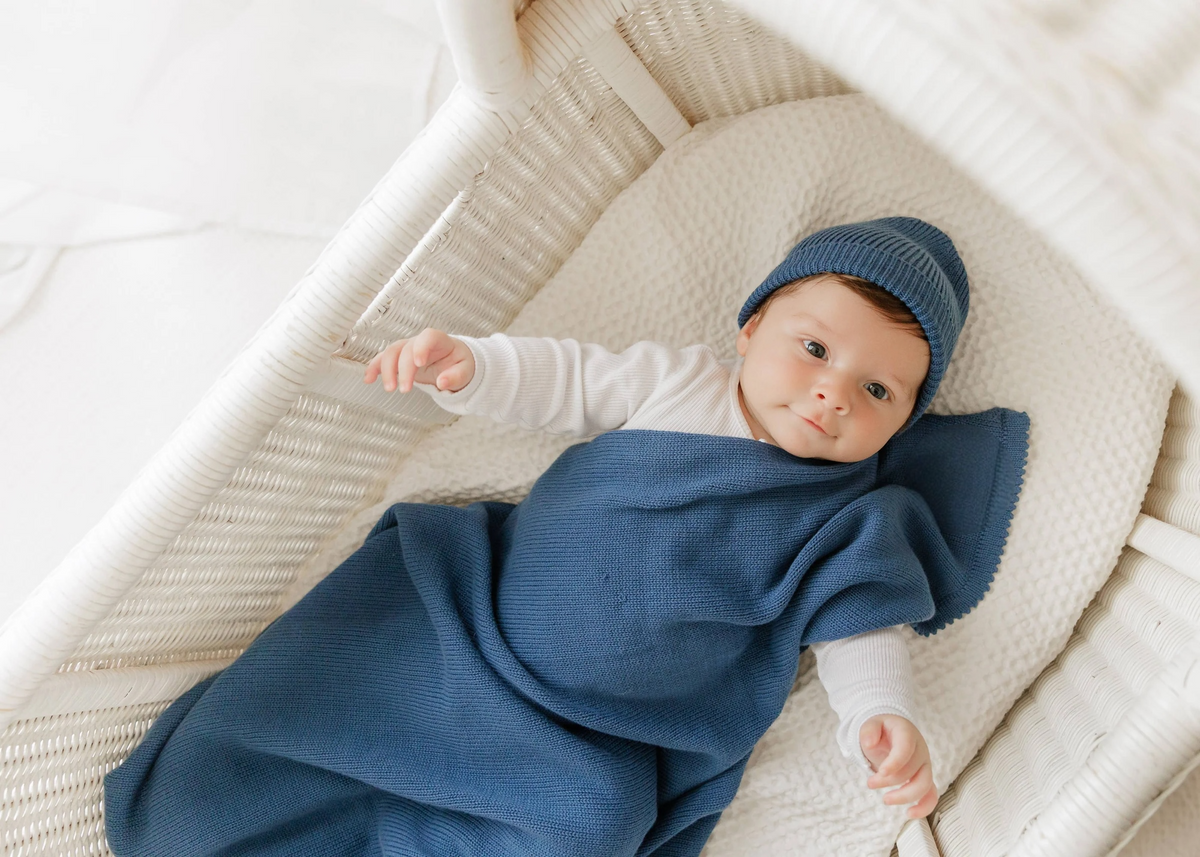 Luxe - 100% Organic Cotton Knit Blanket + Hat Set - denim blue