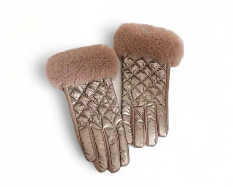 Faux fur trim Shiny bubble bronze Gloves