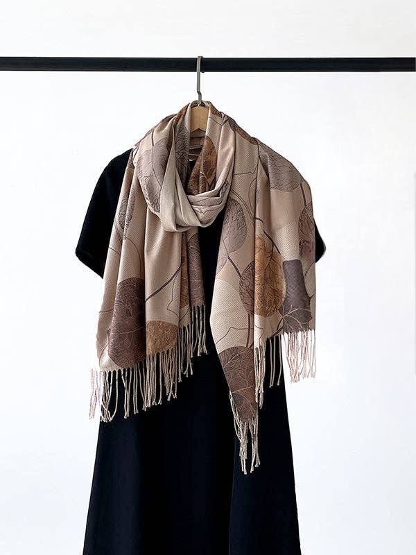 Leaf Printed Tasseled Shawl&Scarf - brown
