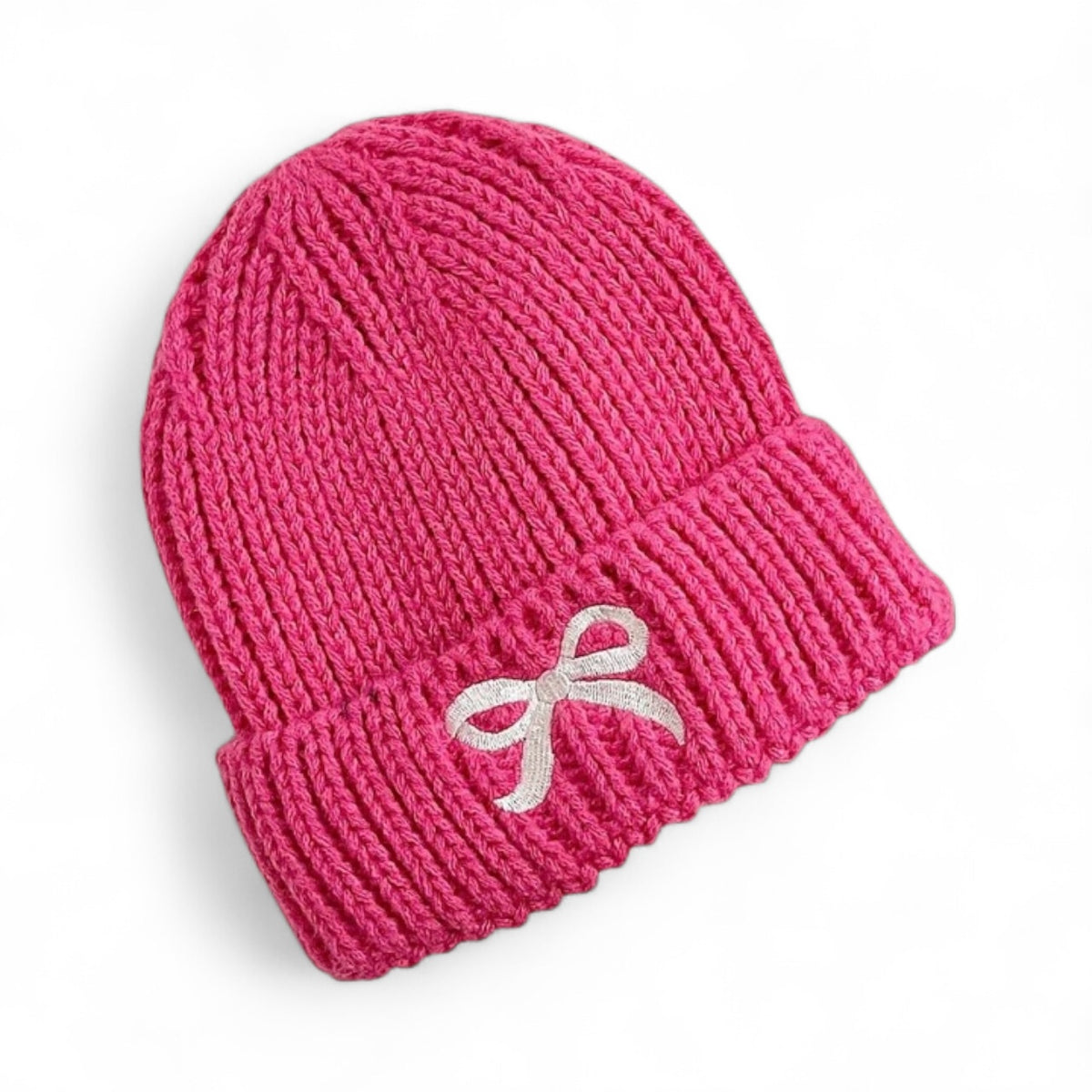 Bow embroidered knitted beanie - hot pink