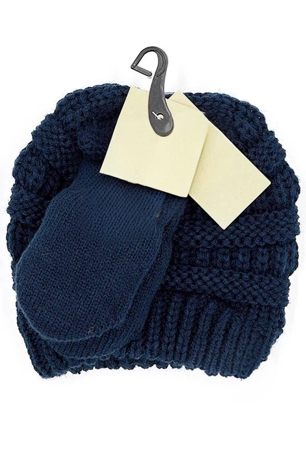 Bonnet et moufles côtelés unis - bleu marine