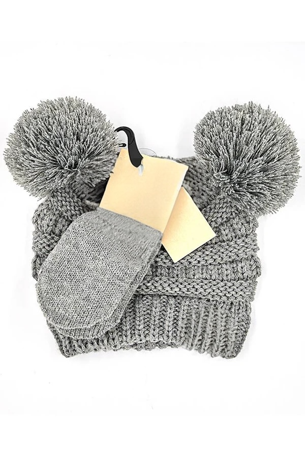 Solid Ribbed Pom Beanie and Mitten Glove light melange grey