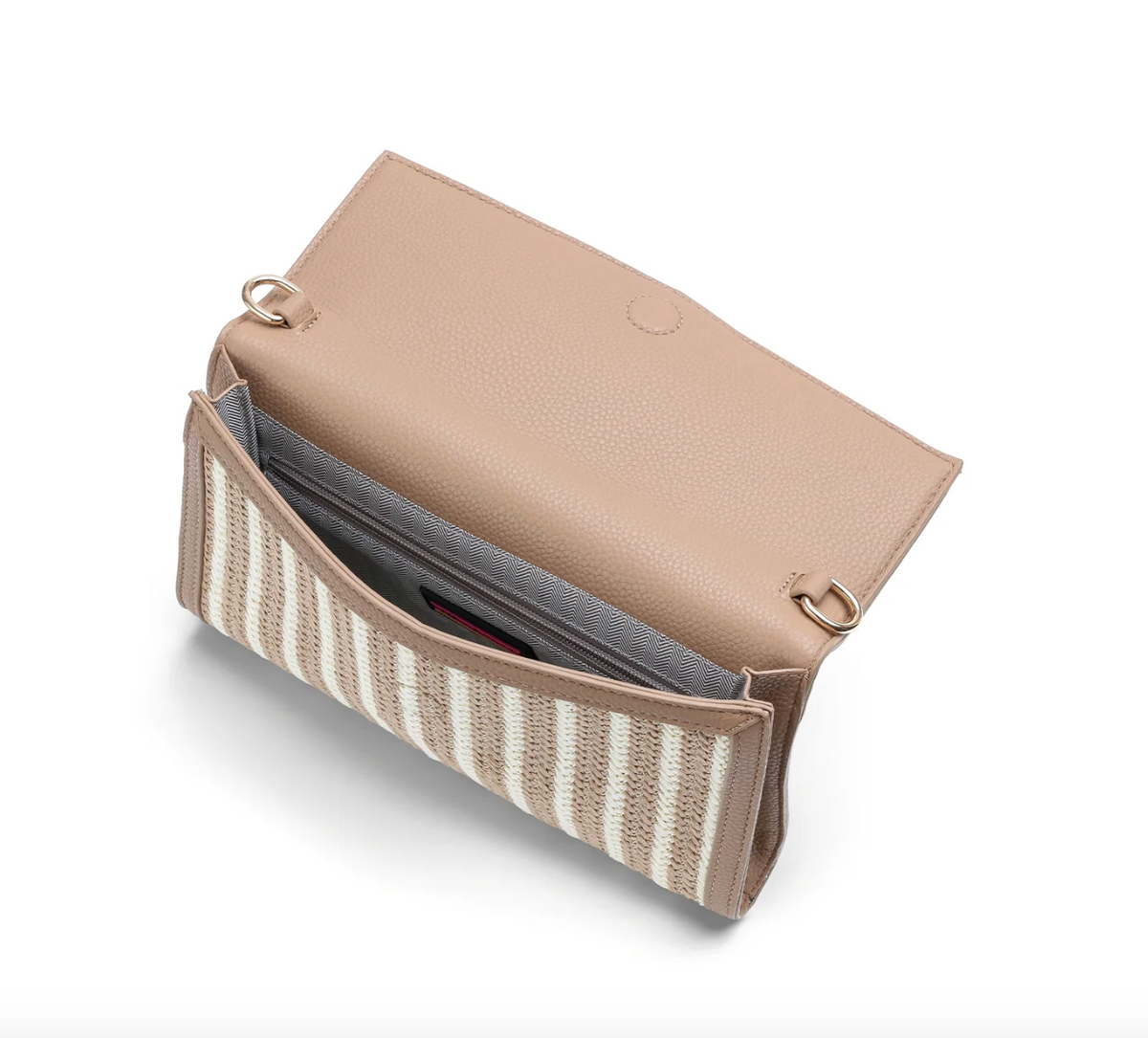 beige striped raffia clutch