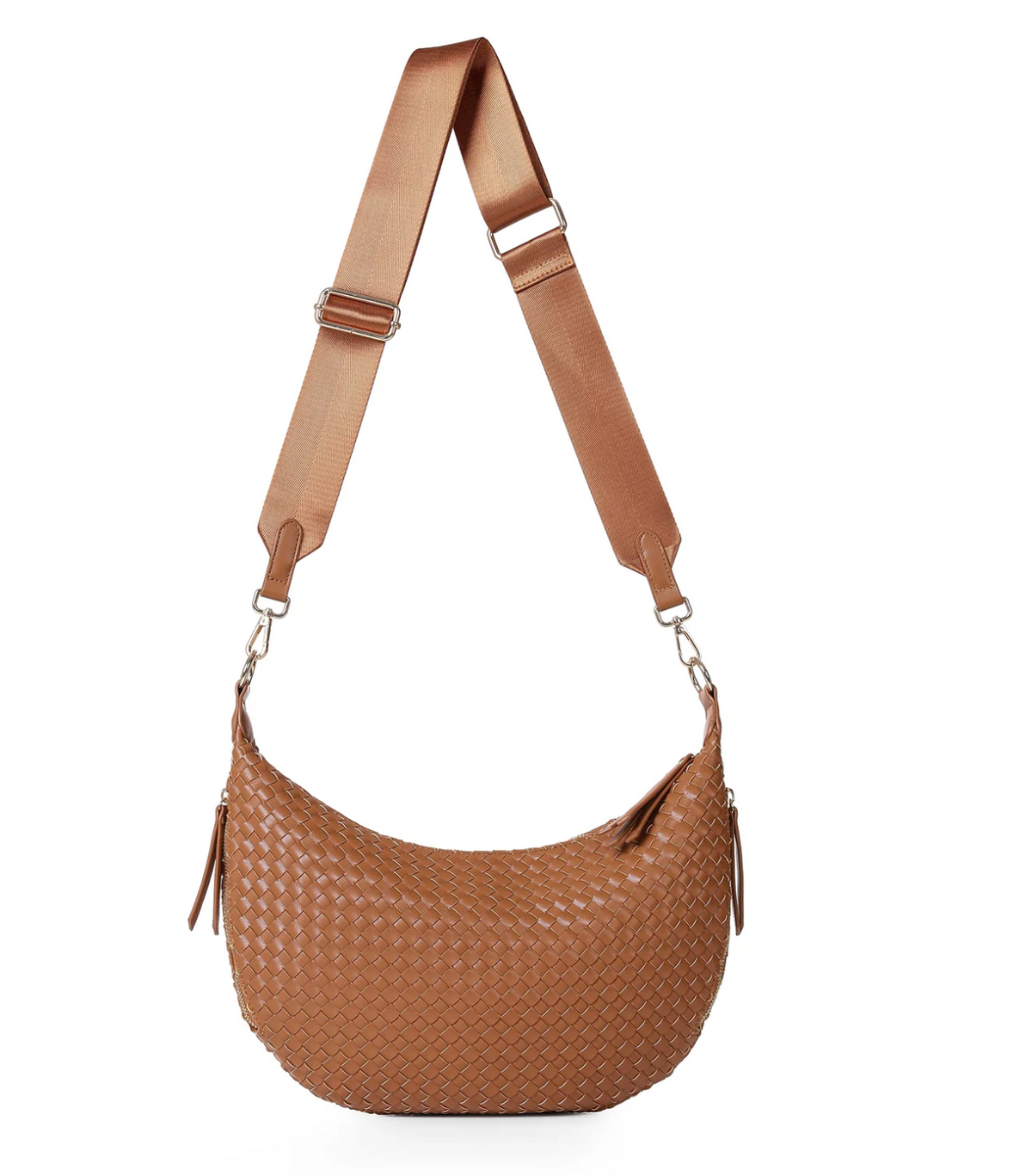 woven vegan leather sling bag- cognac