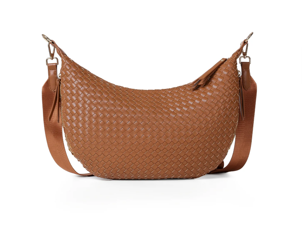 Sac à bandoulière unique en similicuir tissé – Cognac