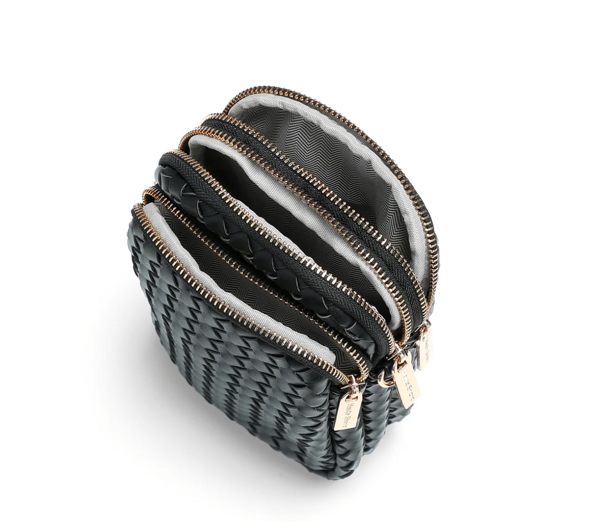 woven vegan leather Phone Crossbody - black