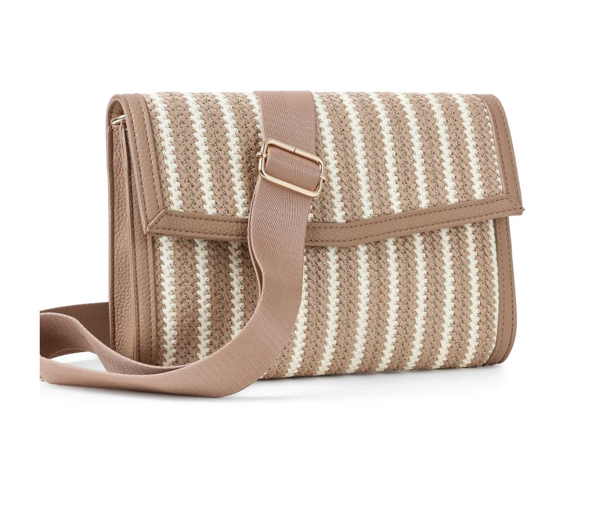 beige striped raffia clutch