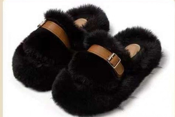 Open Plush slippers with belt -  Black