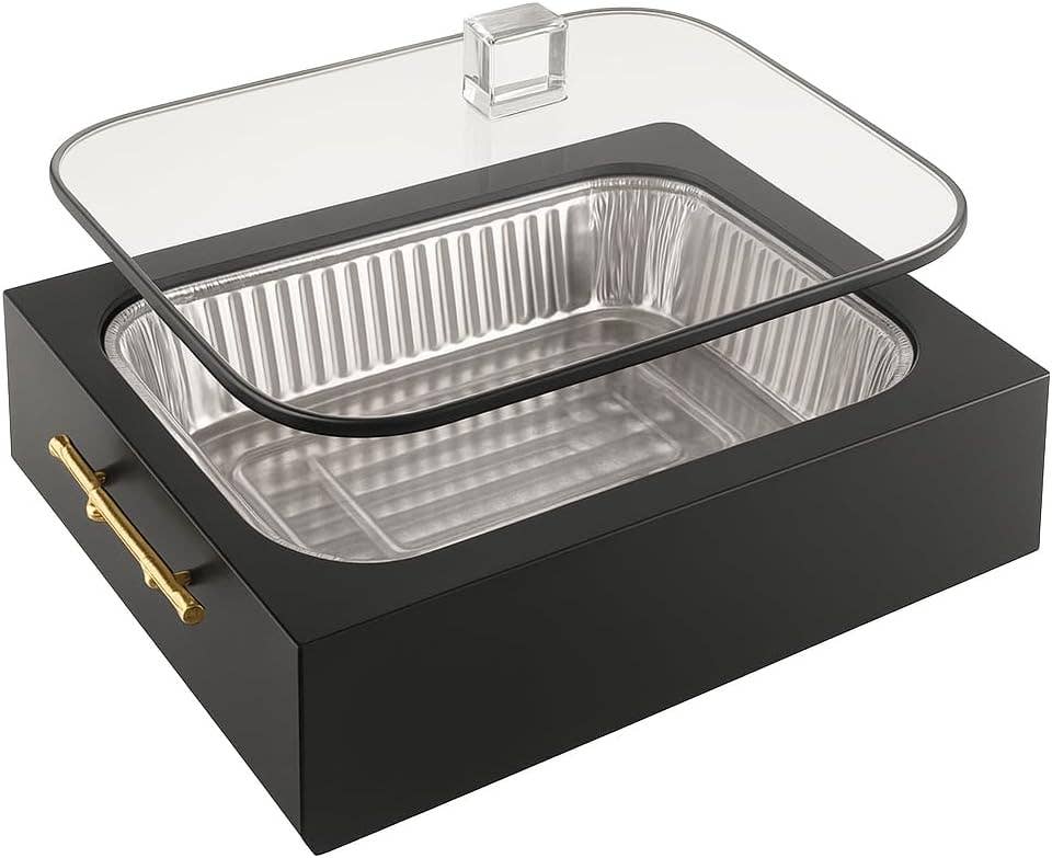 Plat de service transparent avec couvercle, noir et or