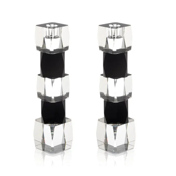 Bougeoirs en cristal cubique - Transparent et noir - Lot de 2