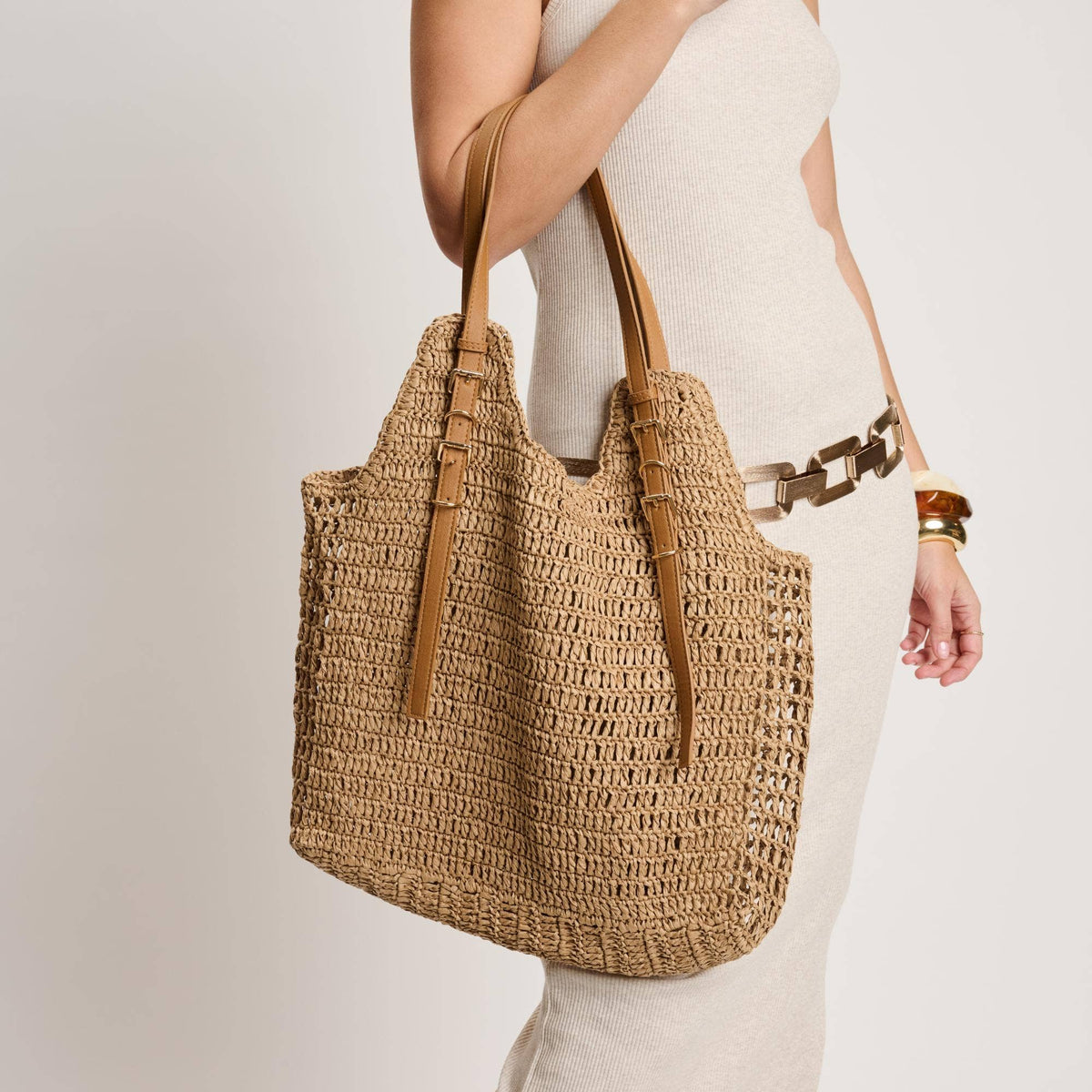 Sac cabas tissé main avec brides à boucle - naturel