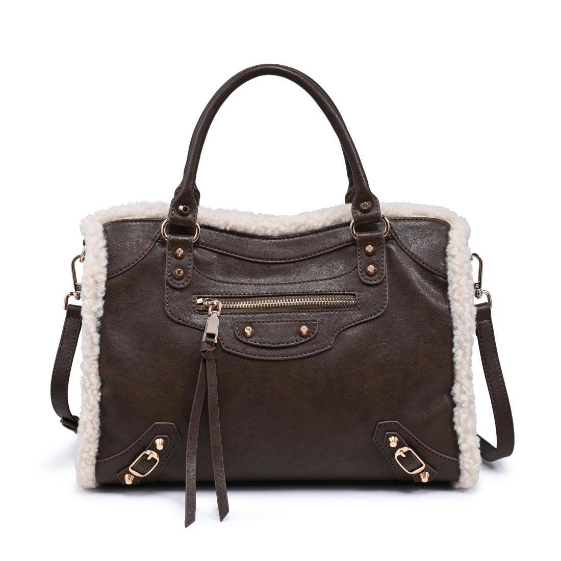 Shearling-trim vegan leather Satchel - chocolate