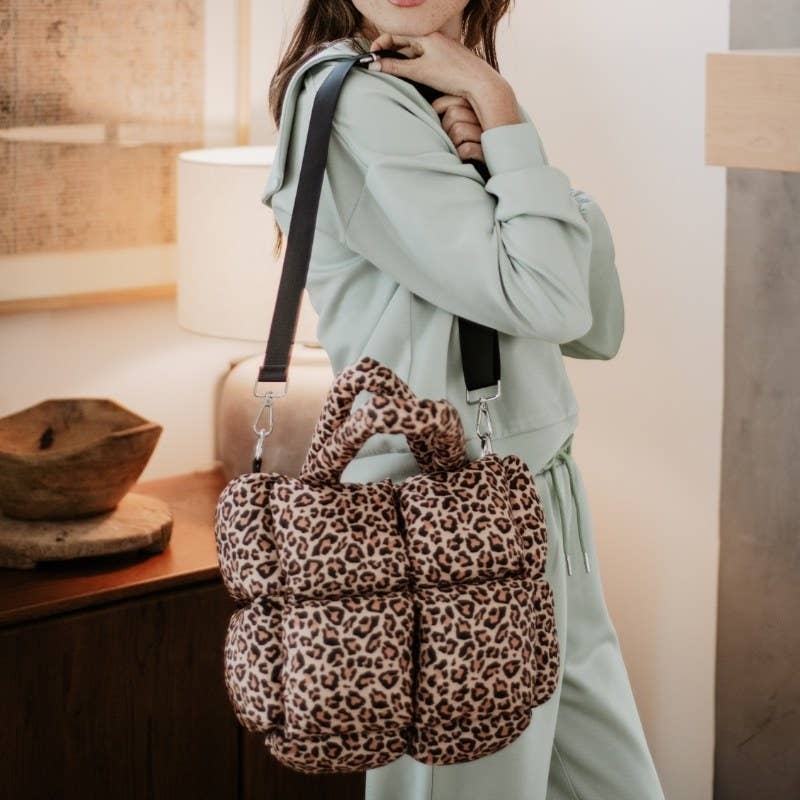 Sac cabas matelassé mini imprimé léopard marron
