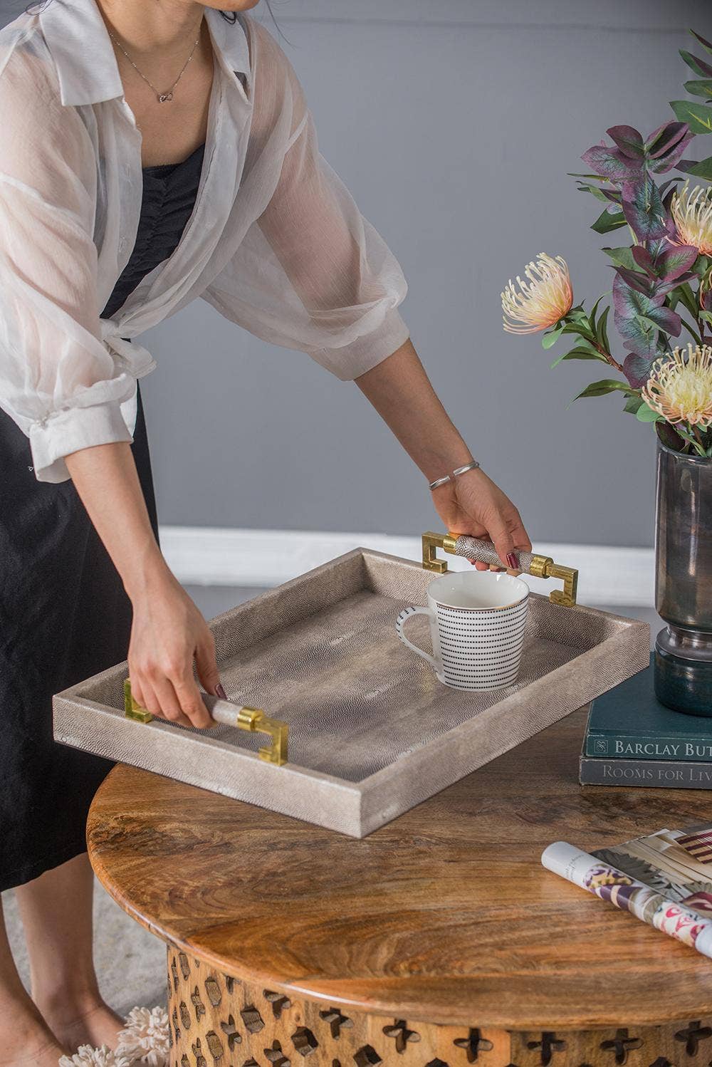 Grey Decorative faux leather Tray