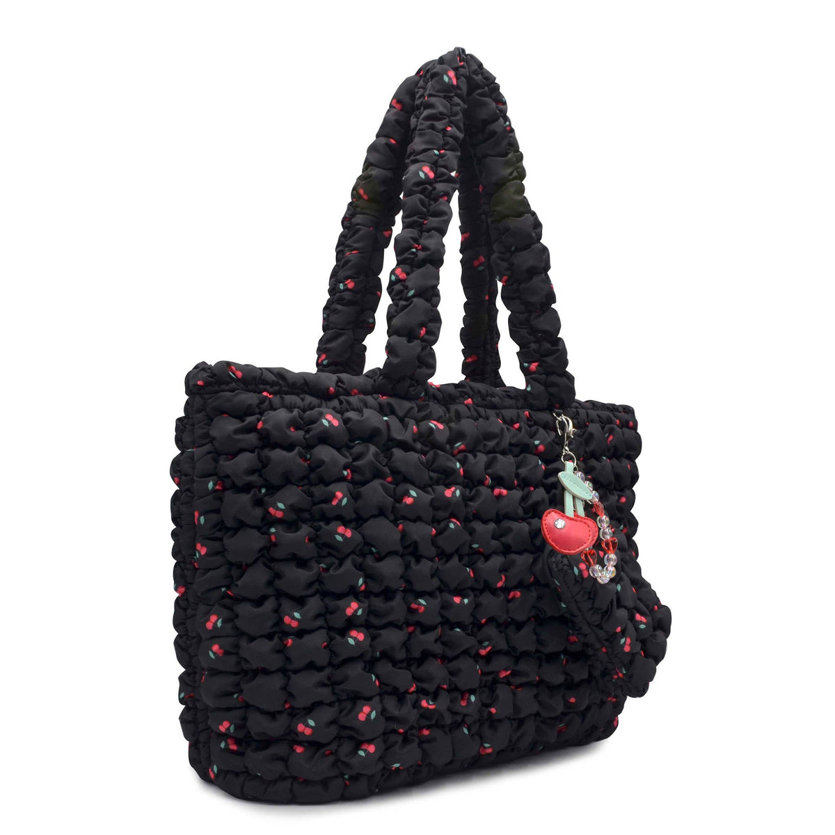 Grand sac fourre-tout matelassé imprimé cerises noires avec porte-monnaie