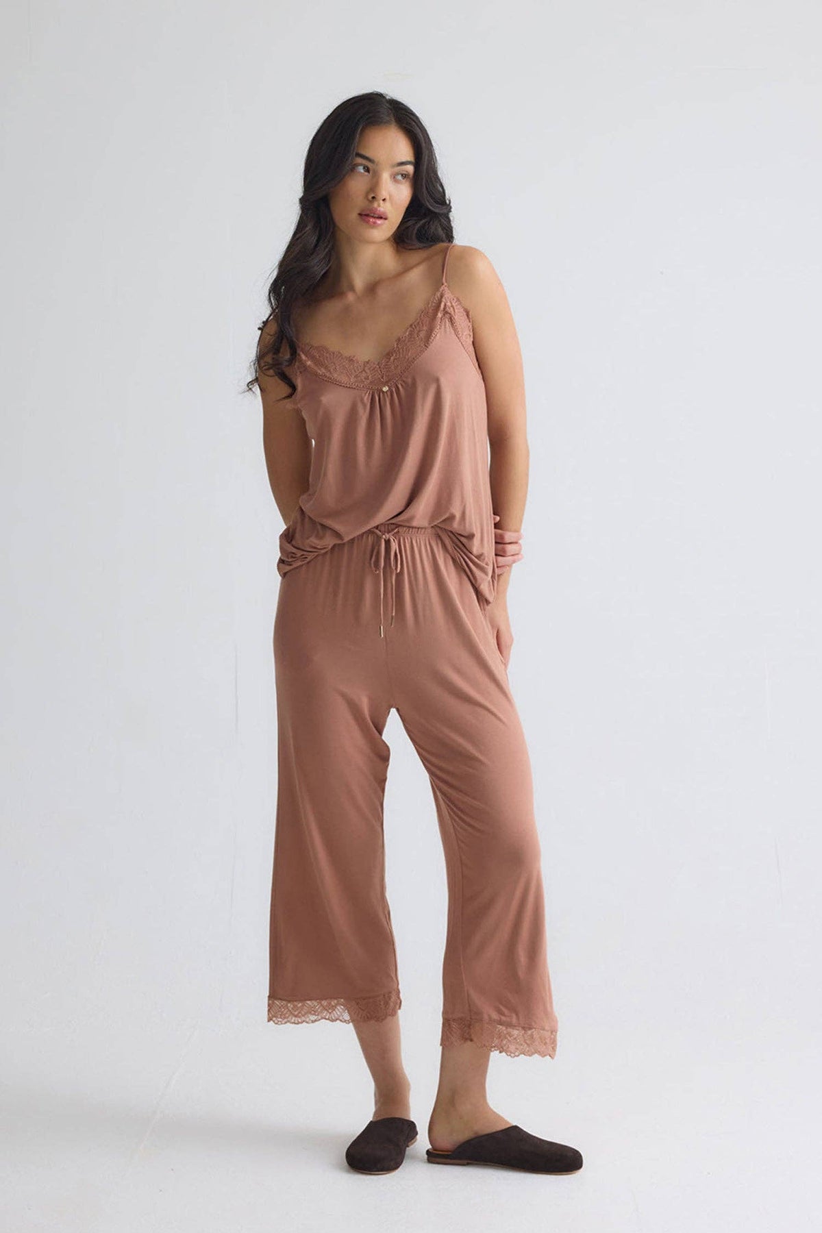 Bamboo Lace Cami Cropped Trouser Pajama Set - Mocha