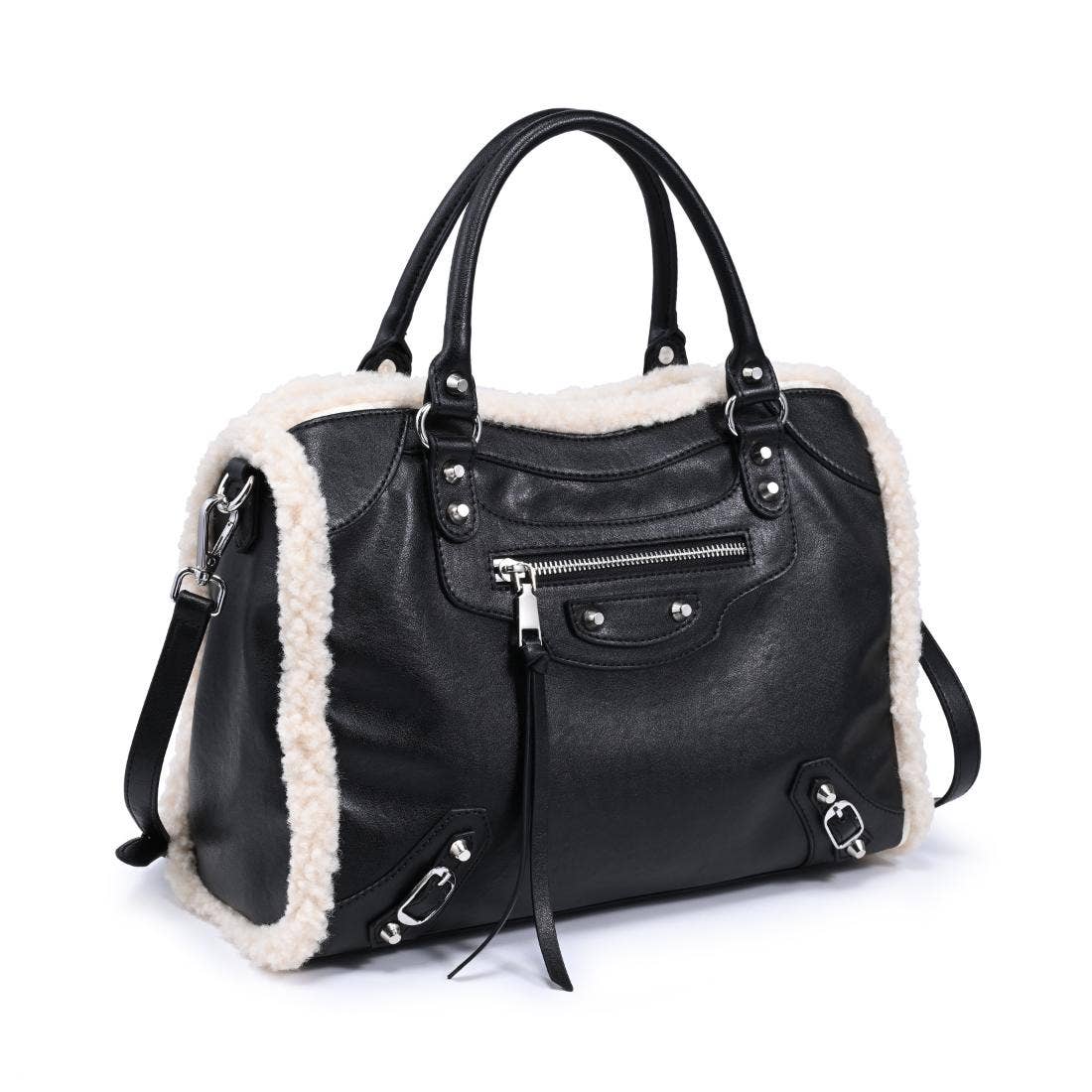 Shearling-trim vegan leather Satchel - black