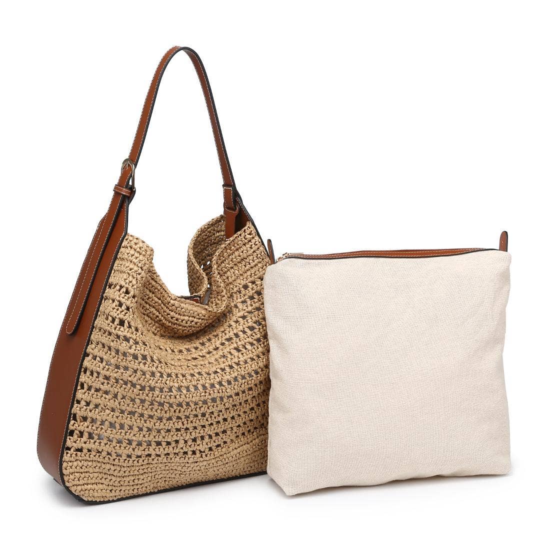 Straw woven Hobo tote bag - brown trim