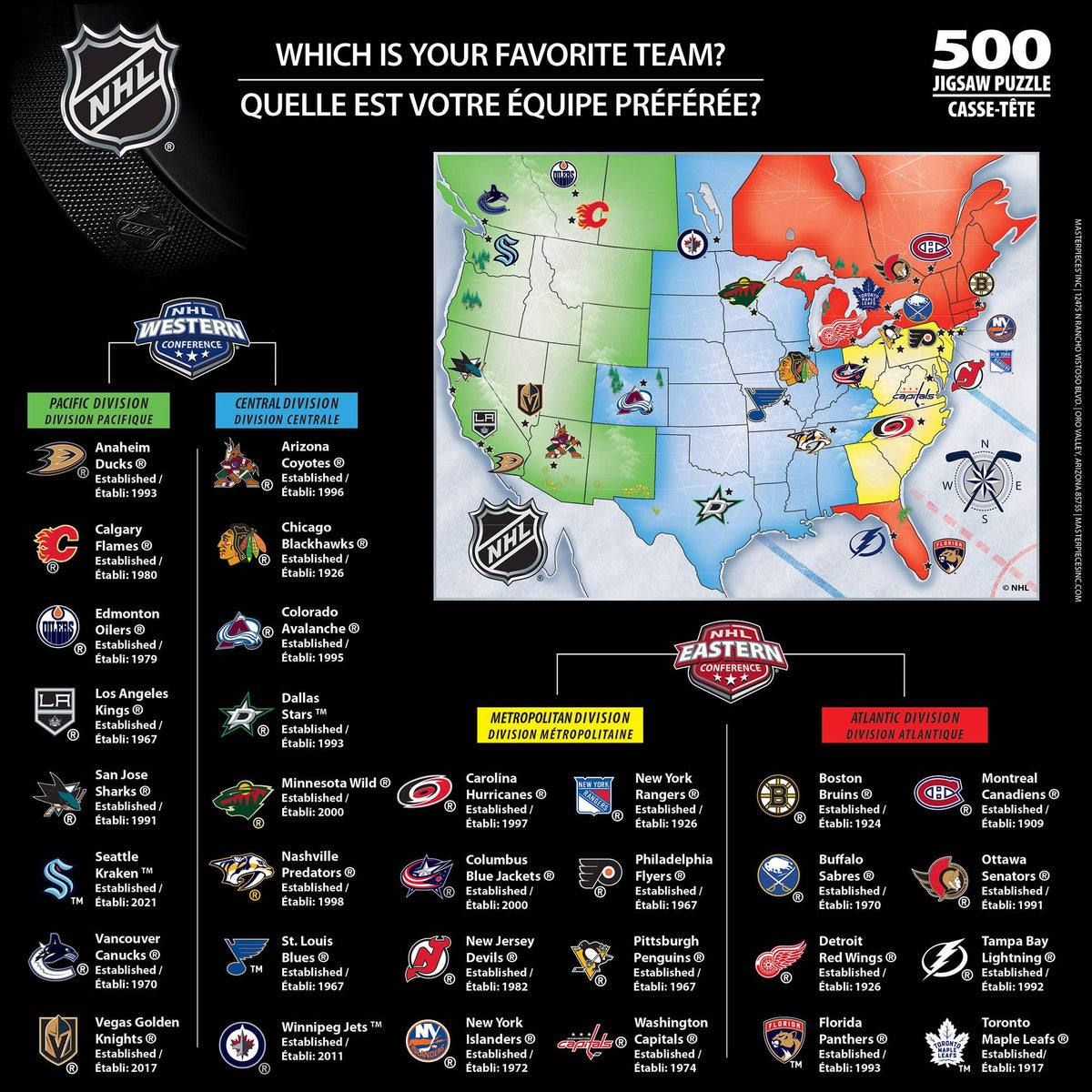 Puzzle de 500 pièces représentant la carte de la LNH