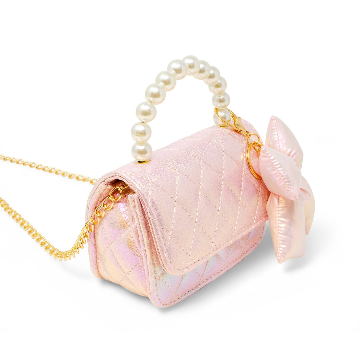 Shiny Quilted Fluffy Bow Handbag: Pink