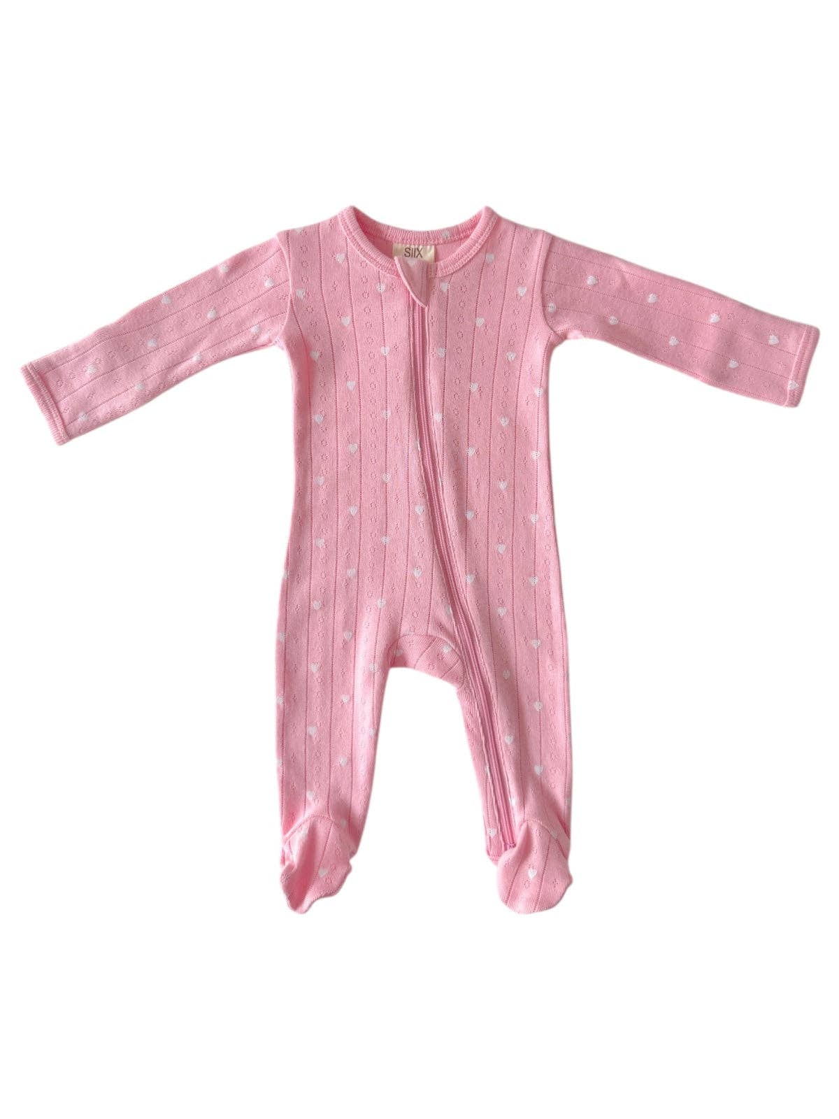 Pyjama une pièce rose à cœur blanc / pointelle bio à double fermeture éclair
