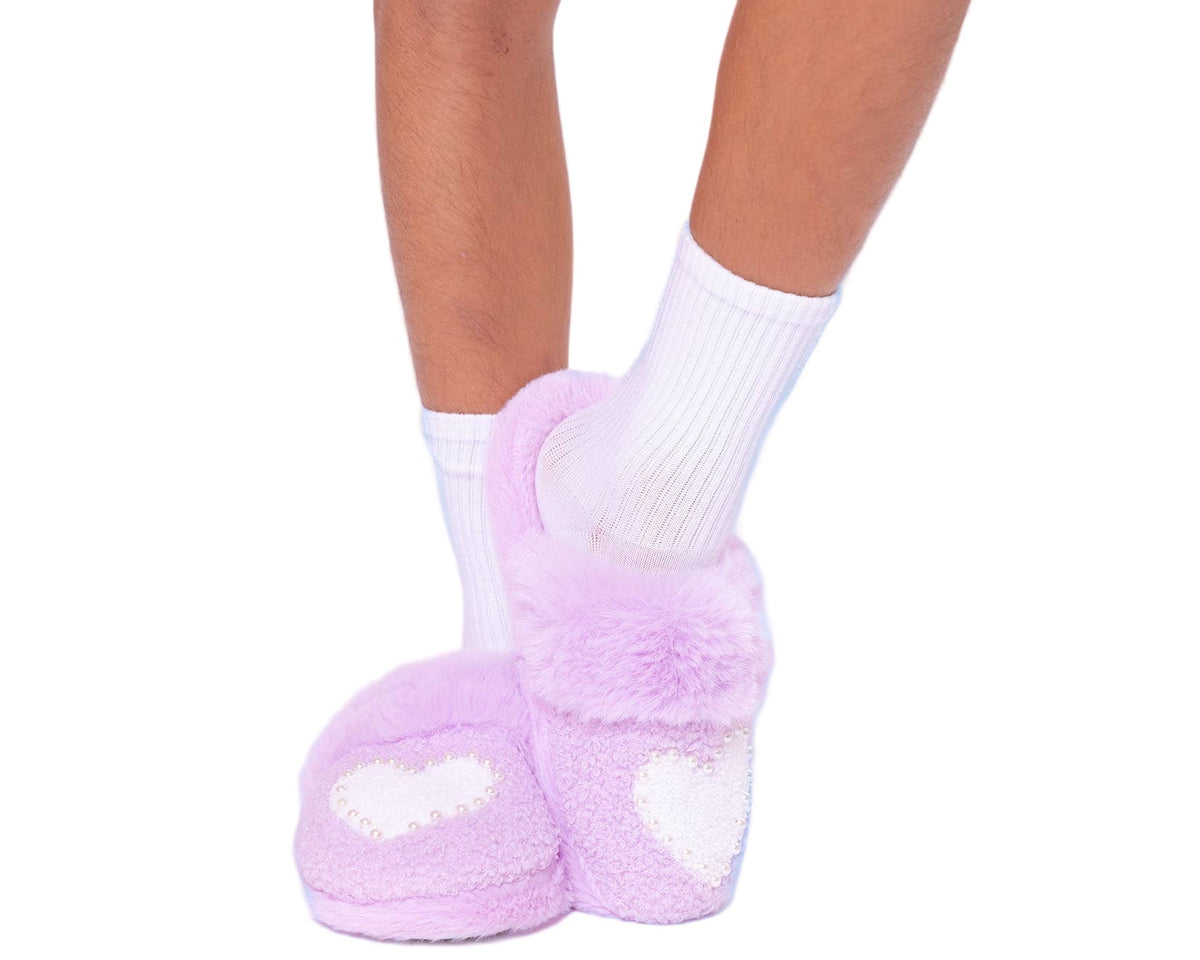 Plush faux fur heart slippers
